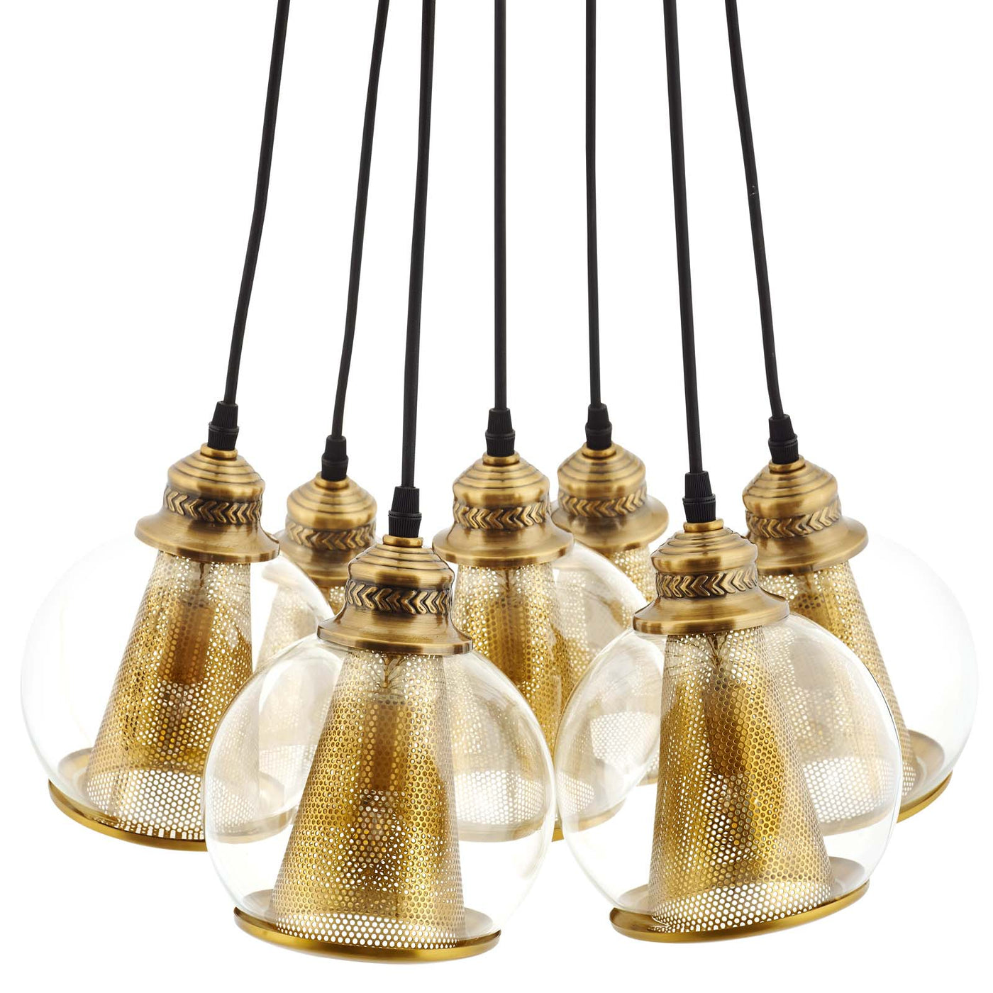 Peak Brass Cone and Glass Globe Cluster Pendant Chandelier by Modway