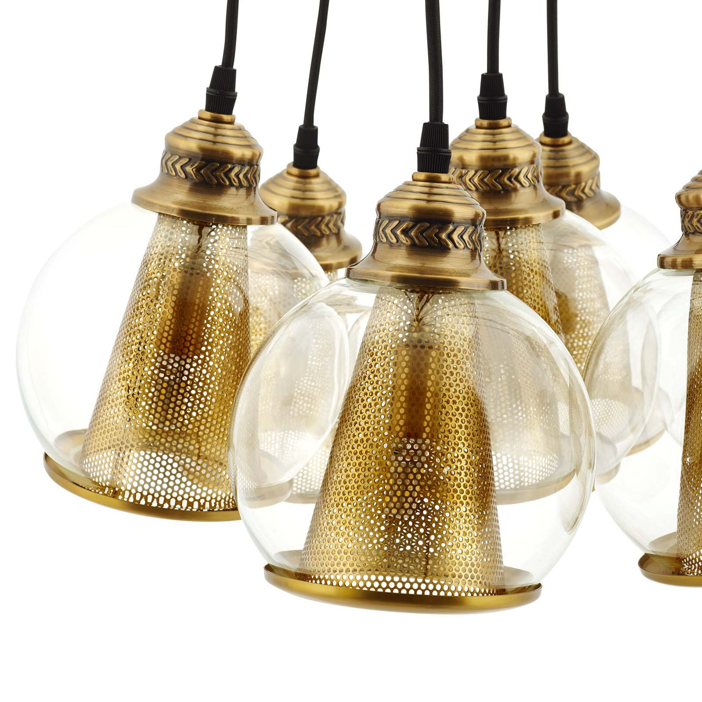 Peak Brass Cone and Glass Globe Cluster Pendant Chandelier by Modway