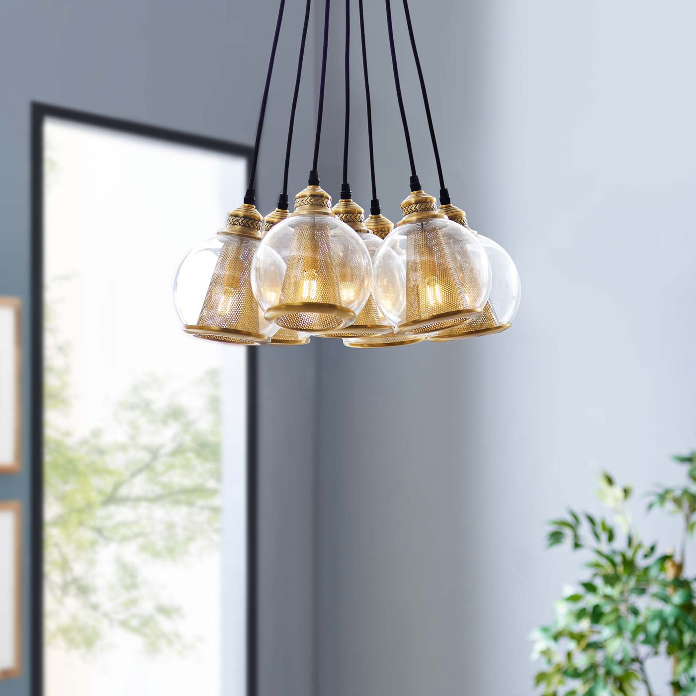 Peak Brass Cone and Glass Globe Cluster Pendant Chandelier by Modway