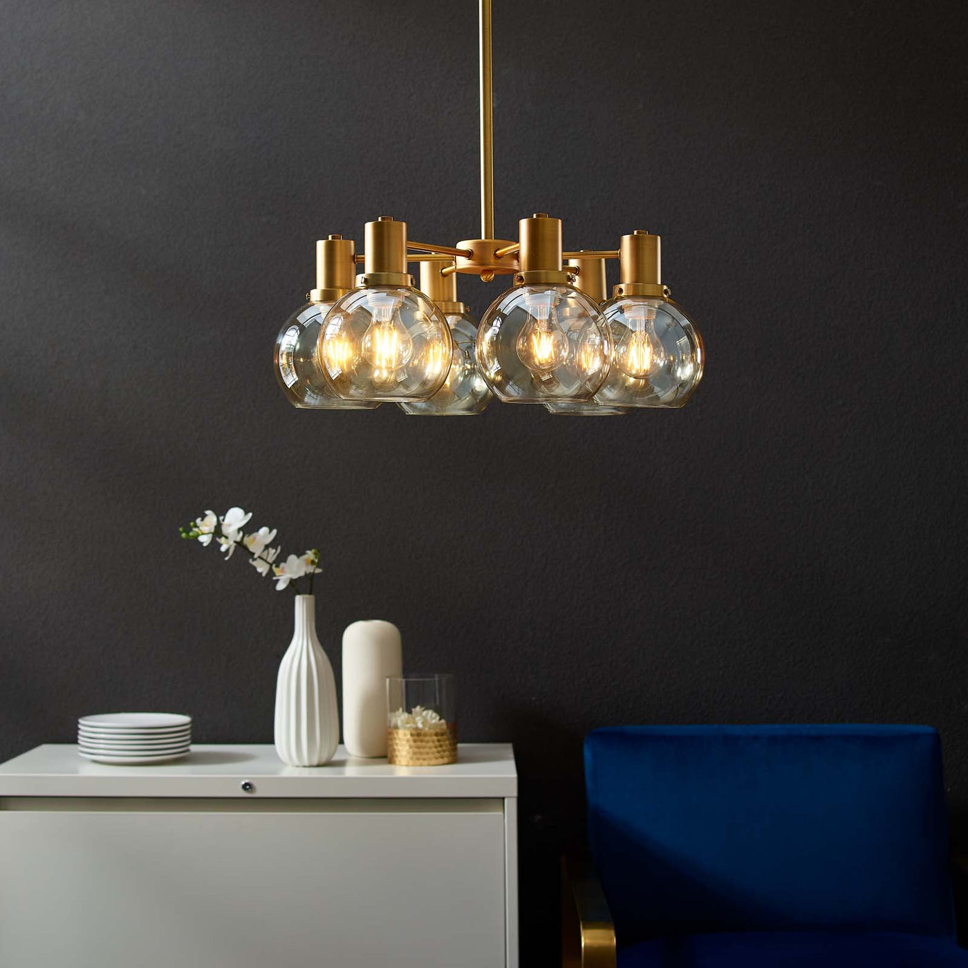 Resound Amber Glass And Brass Pendant Chandelier by Modway