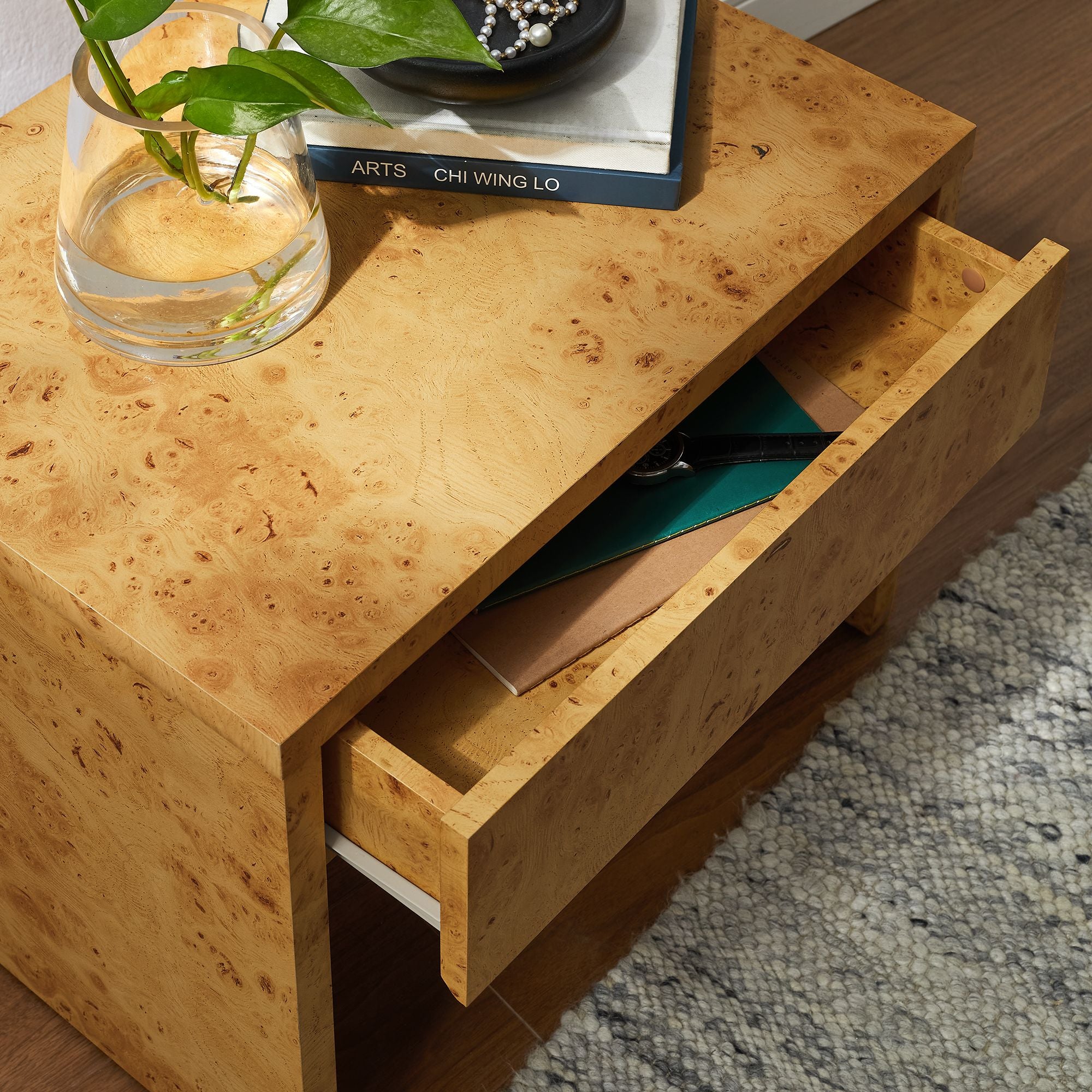 Hudson  1-Drawer Burl Wood  Nightstand