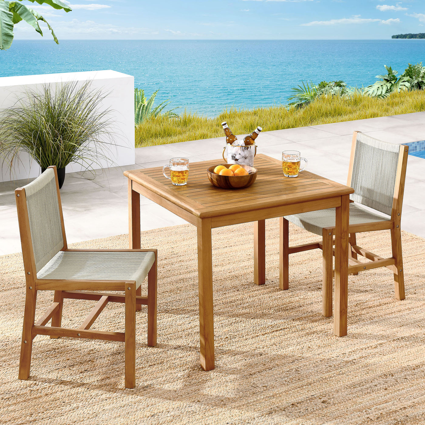 Vienna 3-Piece Outdoor Patio Teak and Rope Dining Set with Armless