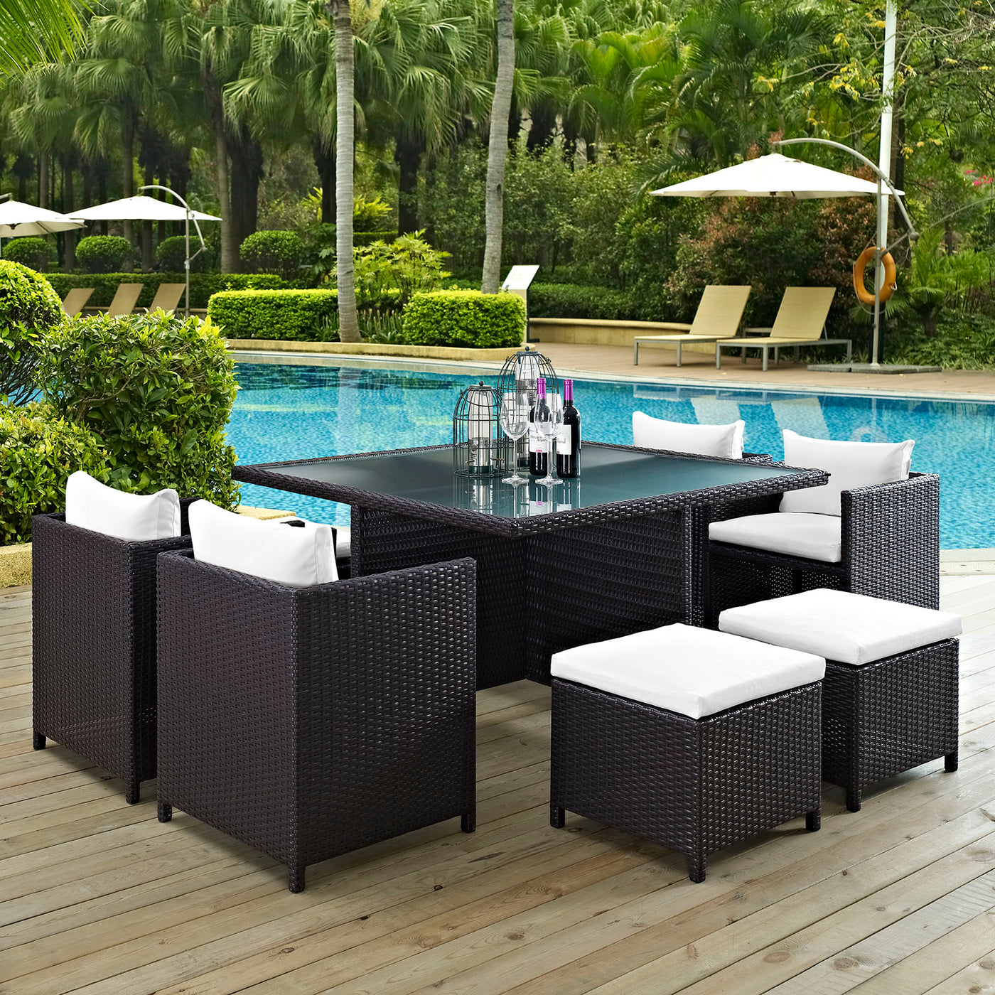 inexpensive 9 piece patio set with umbrella Modway 9 Piece Inverse Outdoor Patio Dining Set, Espresso Beige