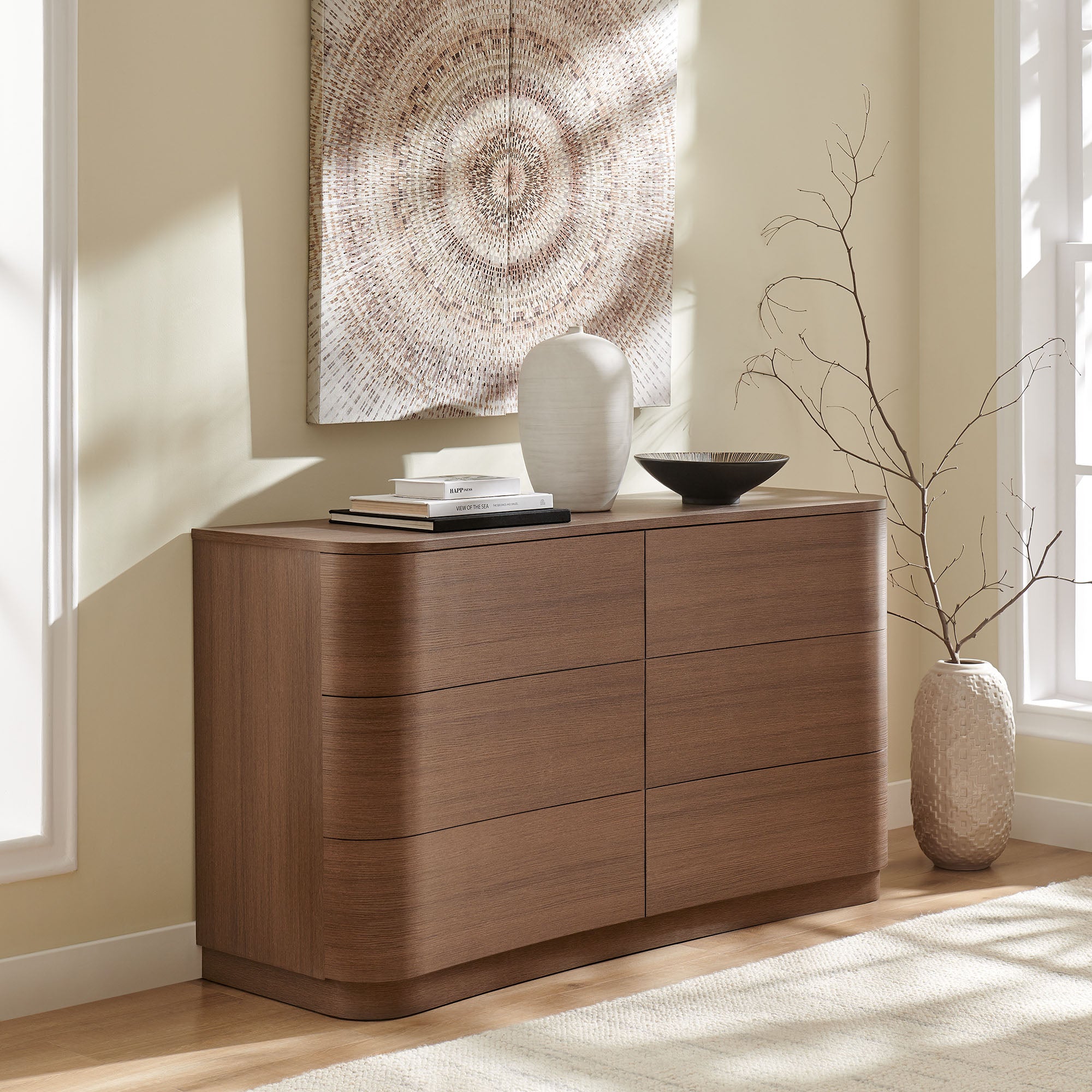 Mirae 6-Drawer Curved Dresser - Brushed Brown Oak Mirae 6-Drawer Curved Dresser - Brushed Brown Oak