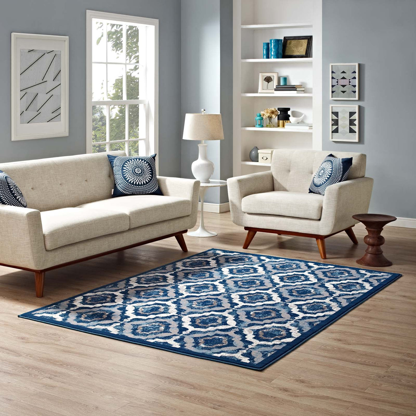 Beige Moroccan Blue and Ivory / 5x8