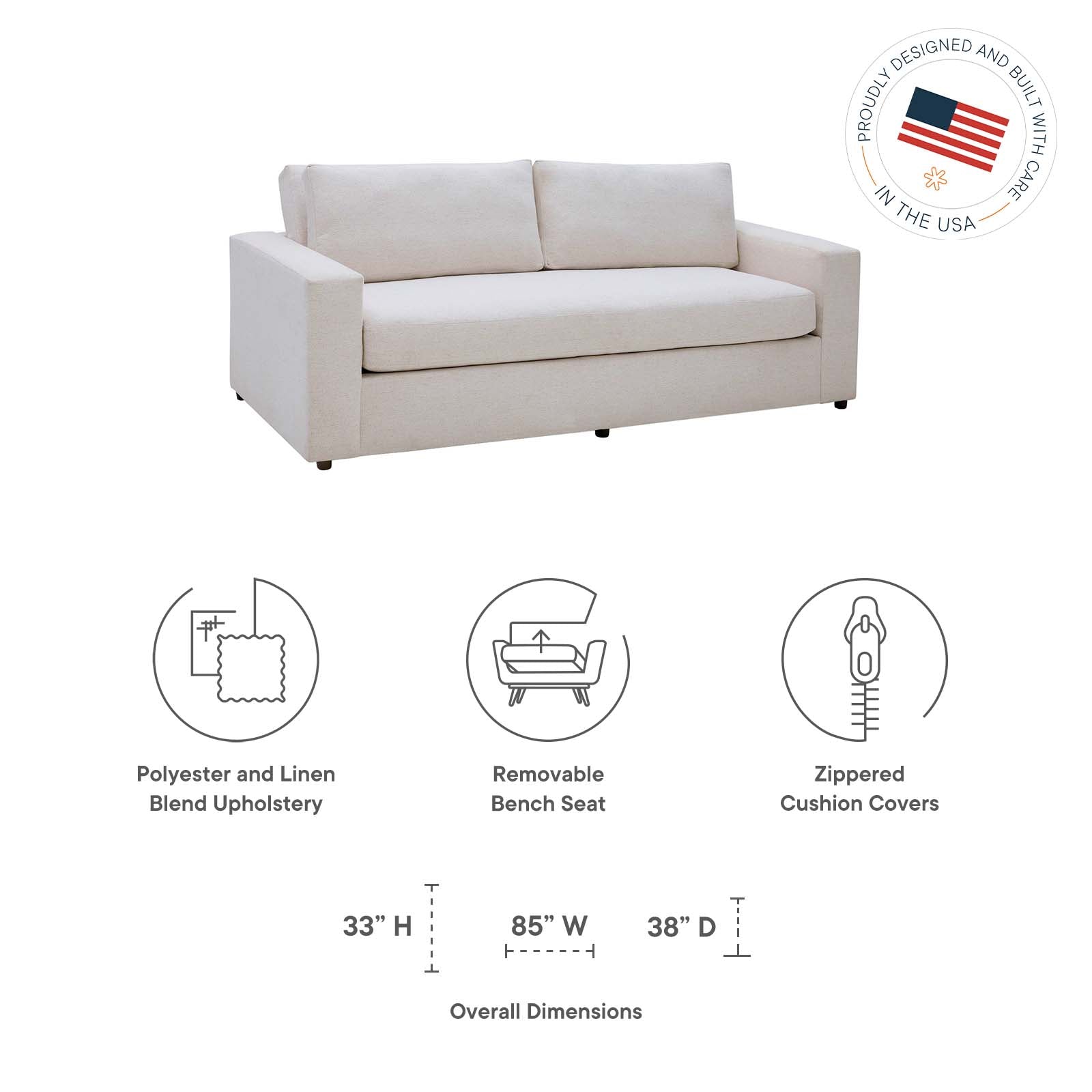 Avendale Linen Blend Sofa – Made in the USA With Bench Seat Cushion — Lexmod